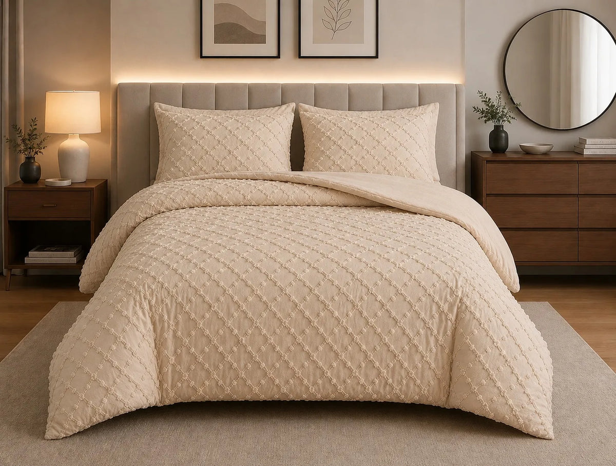 Luxury Diamond Tufted Duvet Cover Set | Soft Microfibre Bedding with Pillowcases | Hidden Zip | Single, Double, King & Super King
