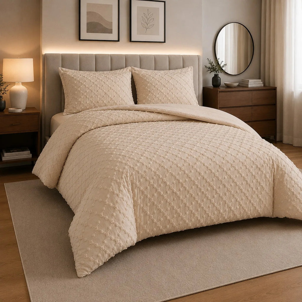 Luxury Diamond Tufted Duvet Cover Set | Soft Microfibre Bedding with Pillowcases | Hidden Zip | Single, Double, King & Super King