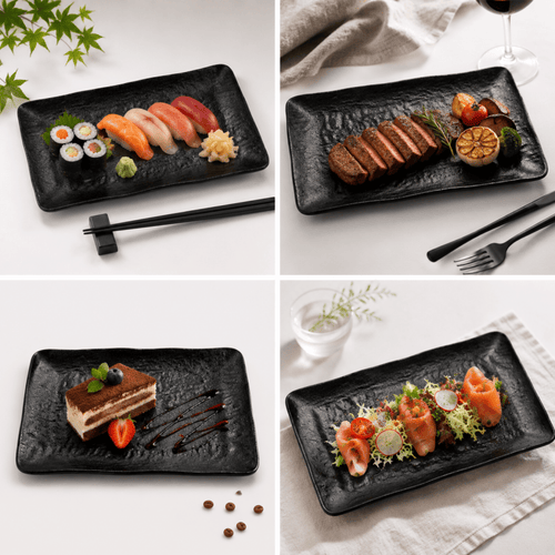 2 Pack Black Melamine Serving Plate Rectangular Dish Sushi Appetiser Tableware