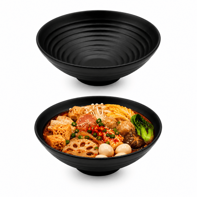 2x Black Melamine Ramen Bowls 22cm Deep Japanese Style Asian Soup Noodle Bowl