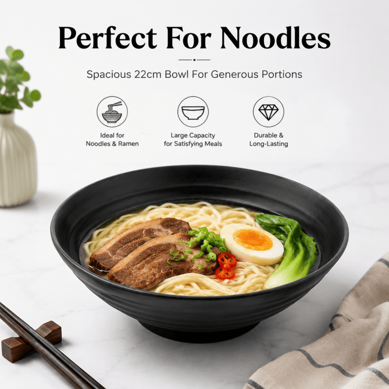 2x Black Melamine Ramen Bowls 22cm Deep Japanese Style Asian Soup Noodle Bowl