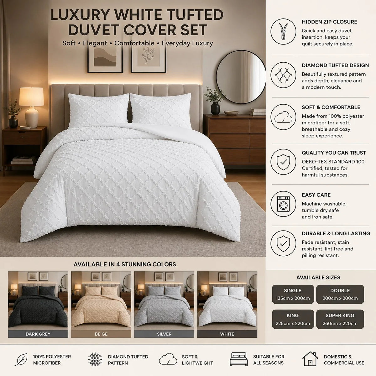 Luxury Diamond Tufted Duvet Cover Set | Soft Microfibre Bedding with Pillowcases | Hidden Zip | Single, Double, King & Super King