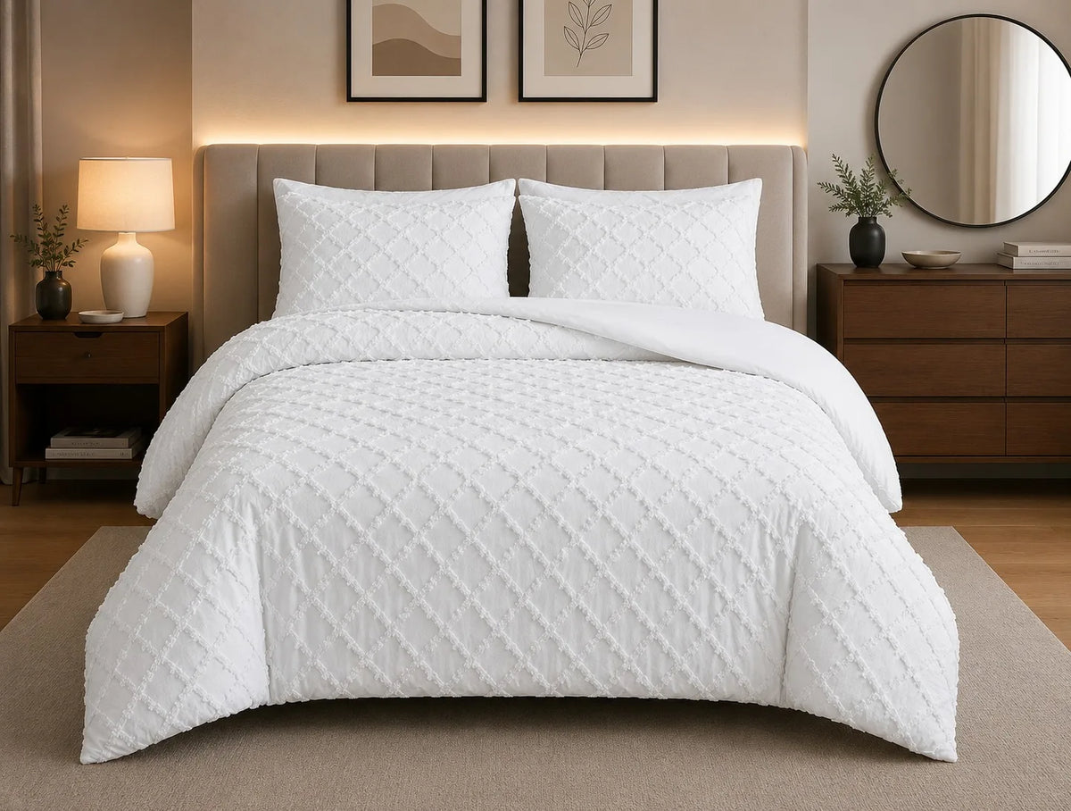 Luxury Diamond Tufted Duvet Cover Set | Soft Microfibre Bedding with Pillowcases | Hidden Zip | Single, Double, King & Super King