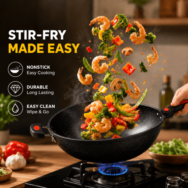 Non Stick Chinese Wok Stir Fry Pan Deep Frying Cookware Induction Gas Hob 30 32