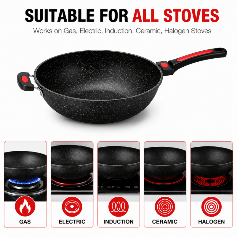 Non Stick Chinese Wok Stir Fry Pan Deep Frying Cookware Induction Gas Hob 30 32