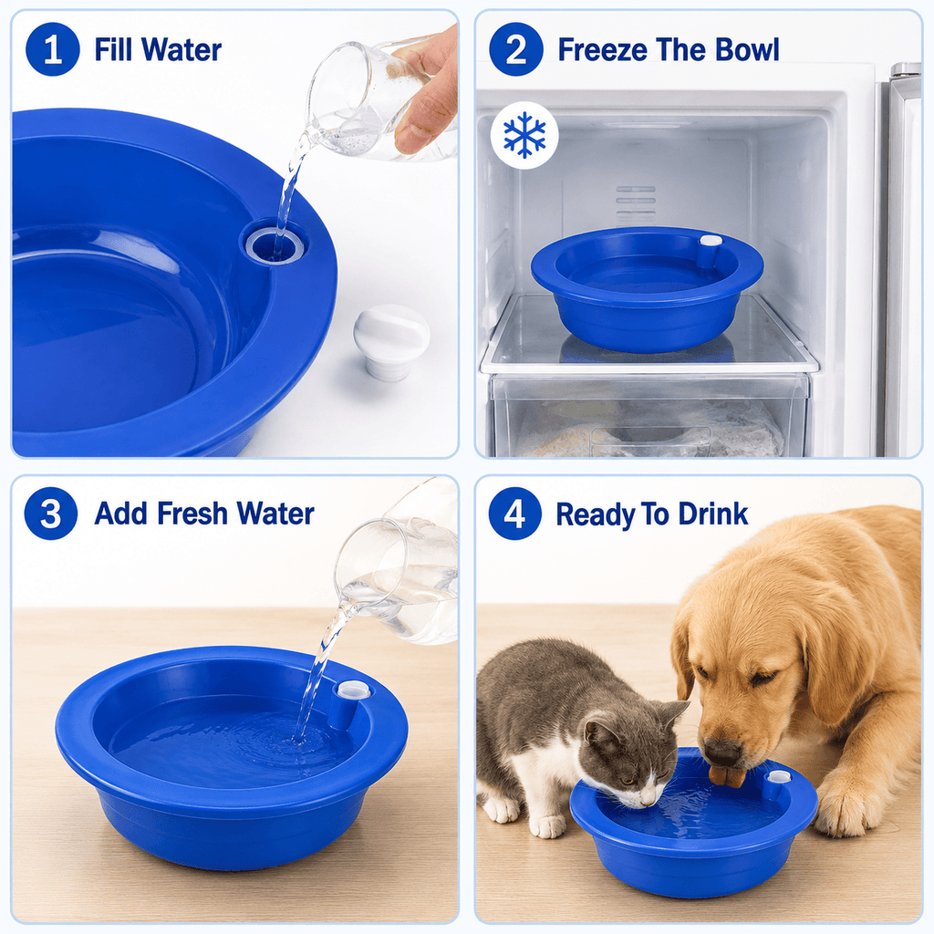 Dog Cooling Bowl Pet Water Dish Ice Feed Station Freeze Activated Cat Puppy Blue