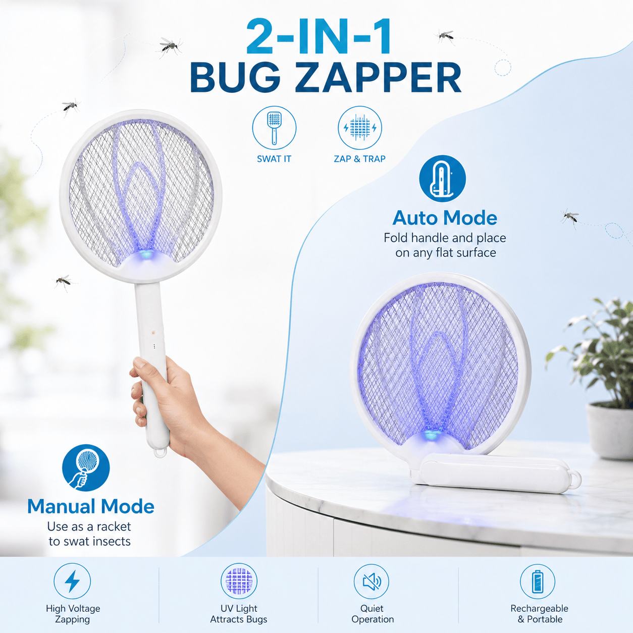 Rechargeable Electric Fly Swatter | 3500V Foldable Fly Zapper