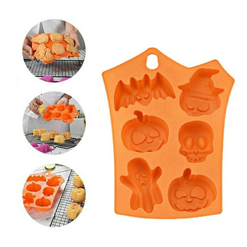 6-Cavity Halloween Pumpkin, Ghost Face, Bat, and Skull Silicone Mould