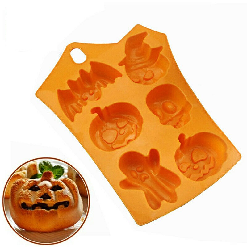 6-Cavity Halloween Pumpkin, Ghost Face, Bat, and Skull Silicone Mould