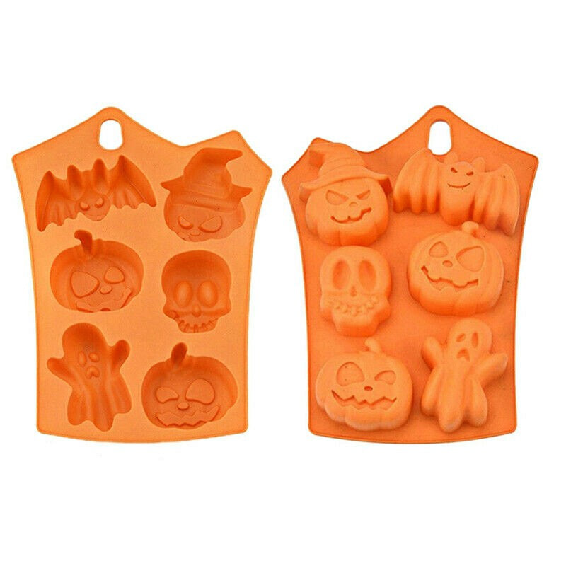 6-Cavity Halloween Pumpkin, Ghost Face, Bat, and Skull Silicone Mould