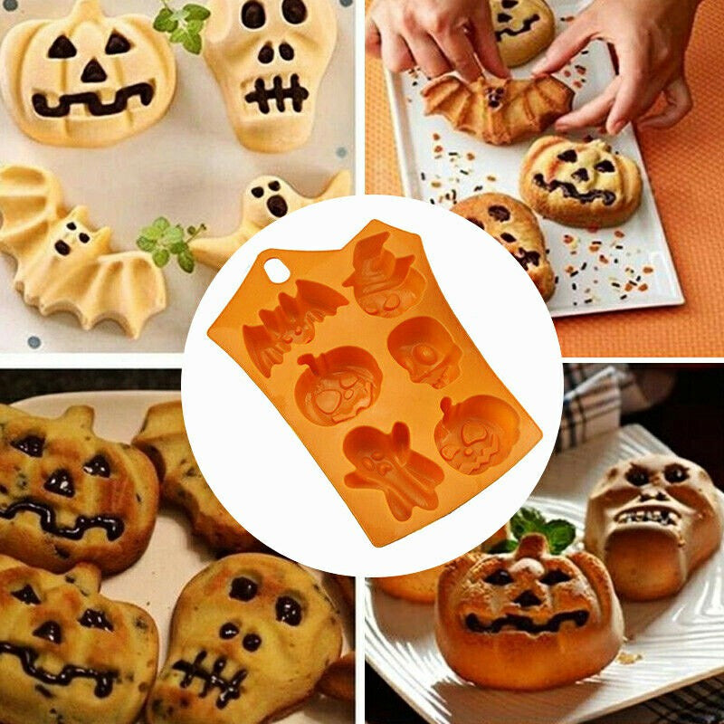 6-Cavity Halloween Pumpkin, Ghost Face, Bat, and Skull Silicone Mould