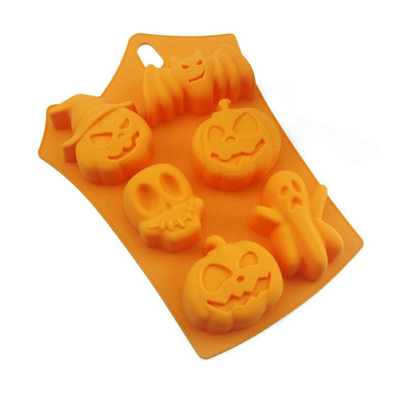 6-Cavity Halloween Pumpkin, Ghost Face, Bat, and Skull Silicone Mould