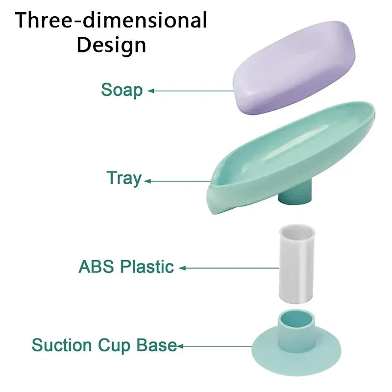 Leaf Shape Soap Dish with Suction Cup & Drainage | Anti-Slip Soap Holder for Bathroom & Kitchen | Green or Grey
