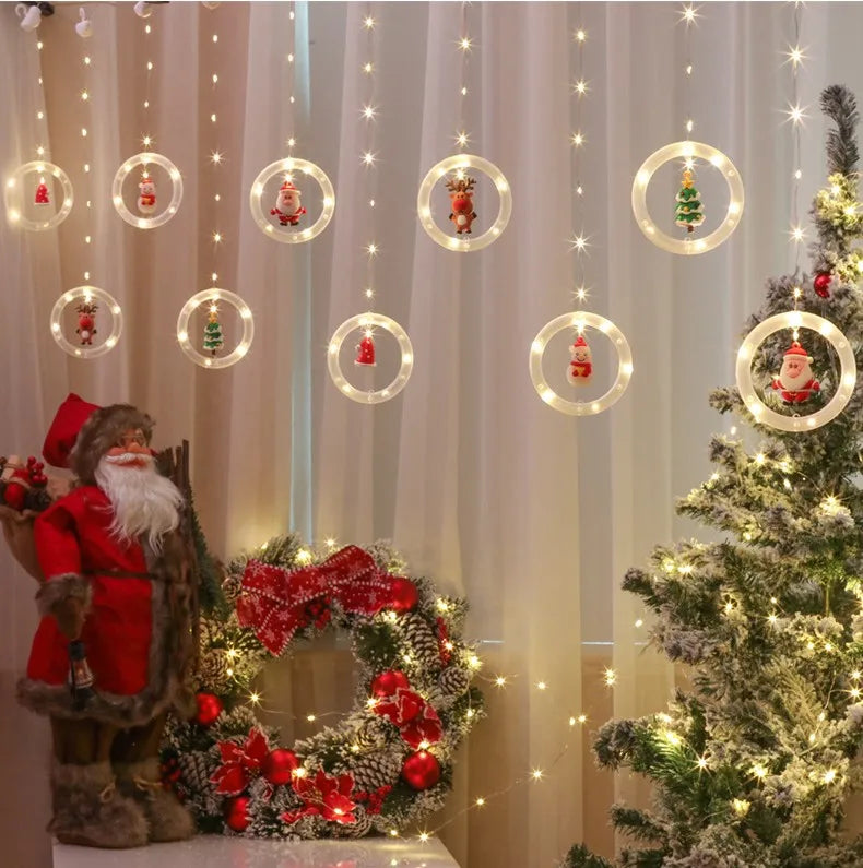 LED Christmas Curtain String Lights | USB | 8 Modes | Stars, Trees & Circles | Warm & Colourful | Bedroom & Window Decoration