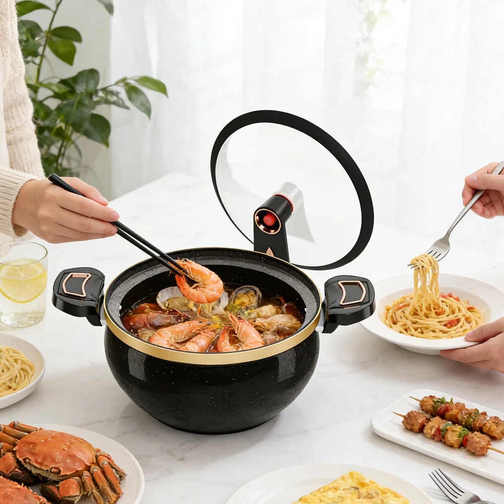 7L Micro-Pressure Soup Pot with Glass Lid & Spoon | Non-Stick Cast Iron Stew Pot | Gas & Induction Compatible