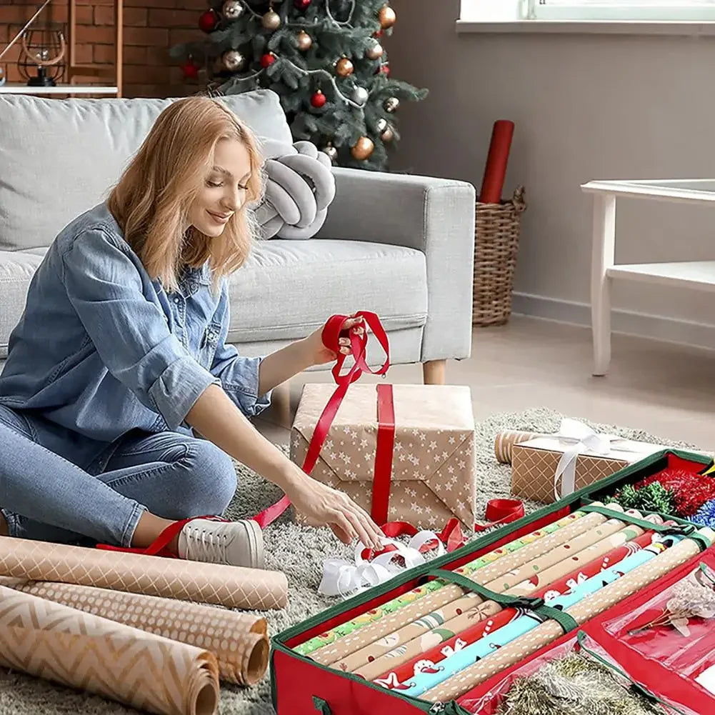 Christmas Wrapping Paper Storage Bag | 40" Durable Oxford Fabric | Fits Rolls, Ribbons & Ornaments | Red & Green