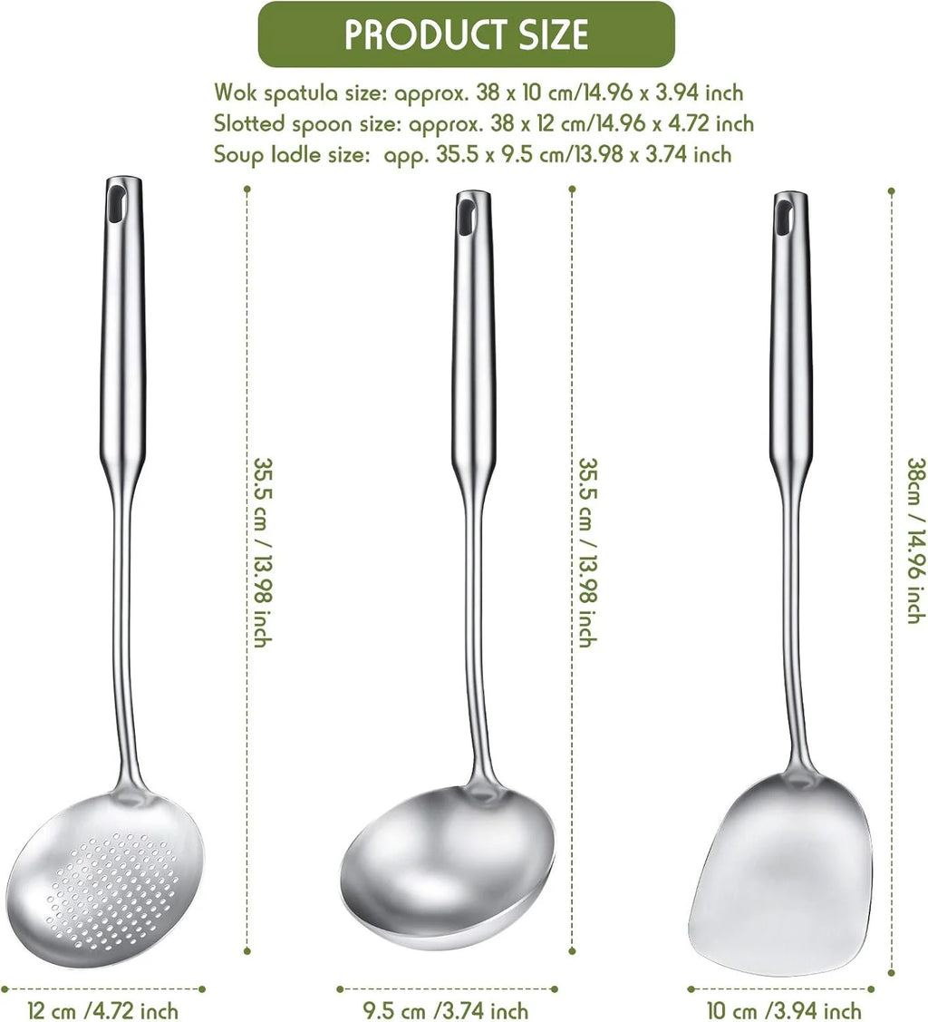 Stainless Steel Wok Utensil Set | Spatula, Ladle & Slotted Spoon | 15" All-Metal