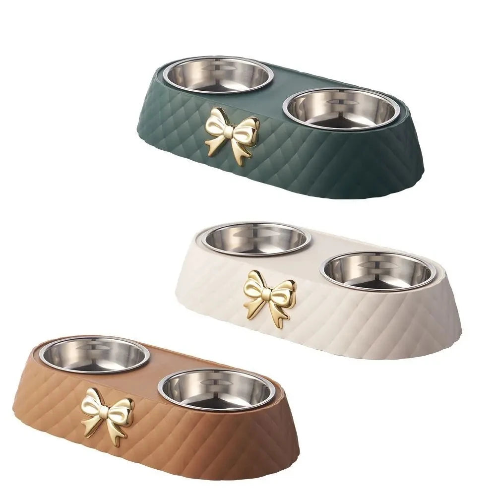 Double Pet Bowl with Bow-Tie Stand | Stainless Steel & PP Base | Cats & Dogs | 3 Colours