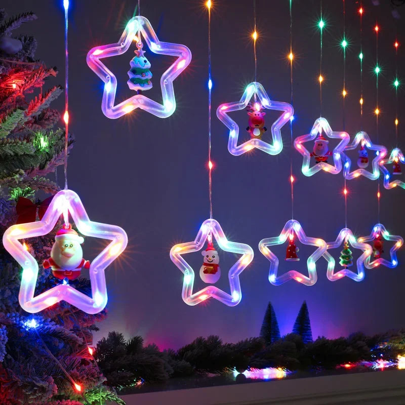 LED Christmas Curtain String Lights | USB | 8 Modes | Stars, Trees & Circles | Warm & Colourful | Bedroom & Window Decoration
