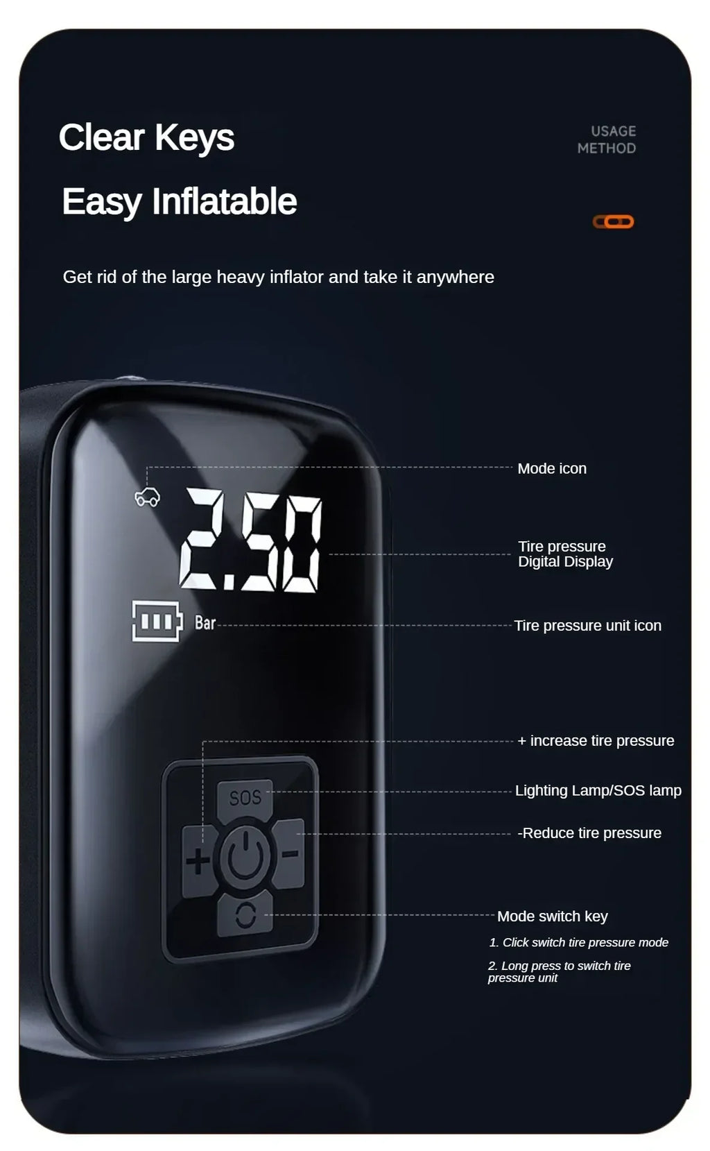 EAFC Portable Wireless Tyre Inflator | 30L/min Digital Air Compressor with Auto-Stop