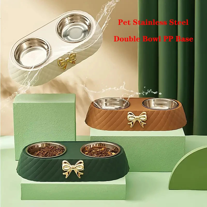 Double Pet Bowl with Bow-Tie Stand | Stainless Steel & PP Base | Cats & Dogs | 3 Colours