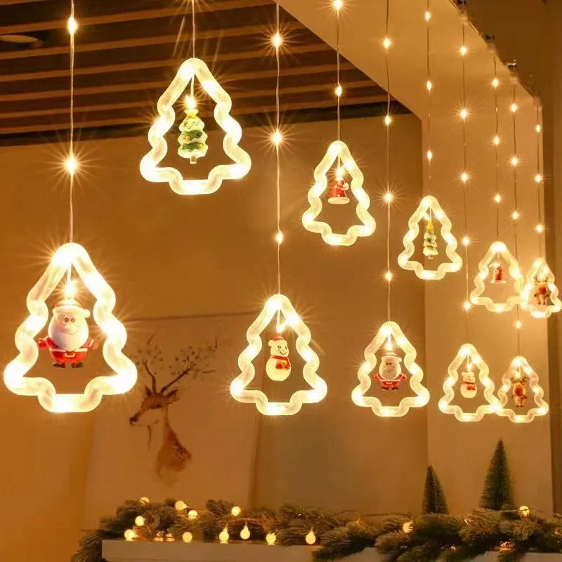 LED Christmas Curtain String Lights | USB | 8 Modes | Stars, Trees & Circles | Warm & Colourful | Bedroom & Window Decoration