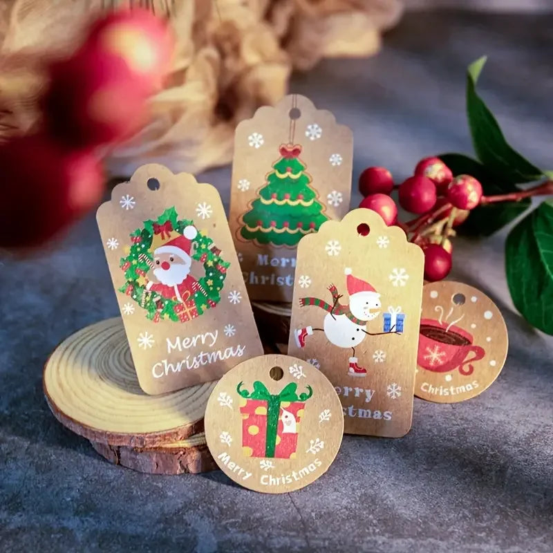 Christmas Kraft Paper Gift Tags | Pack of 50 | Merry Christmas Hang Labels for Gift Wrapping