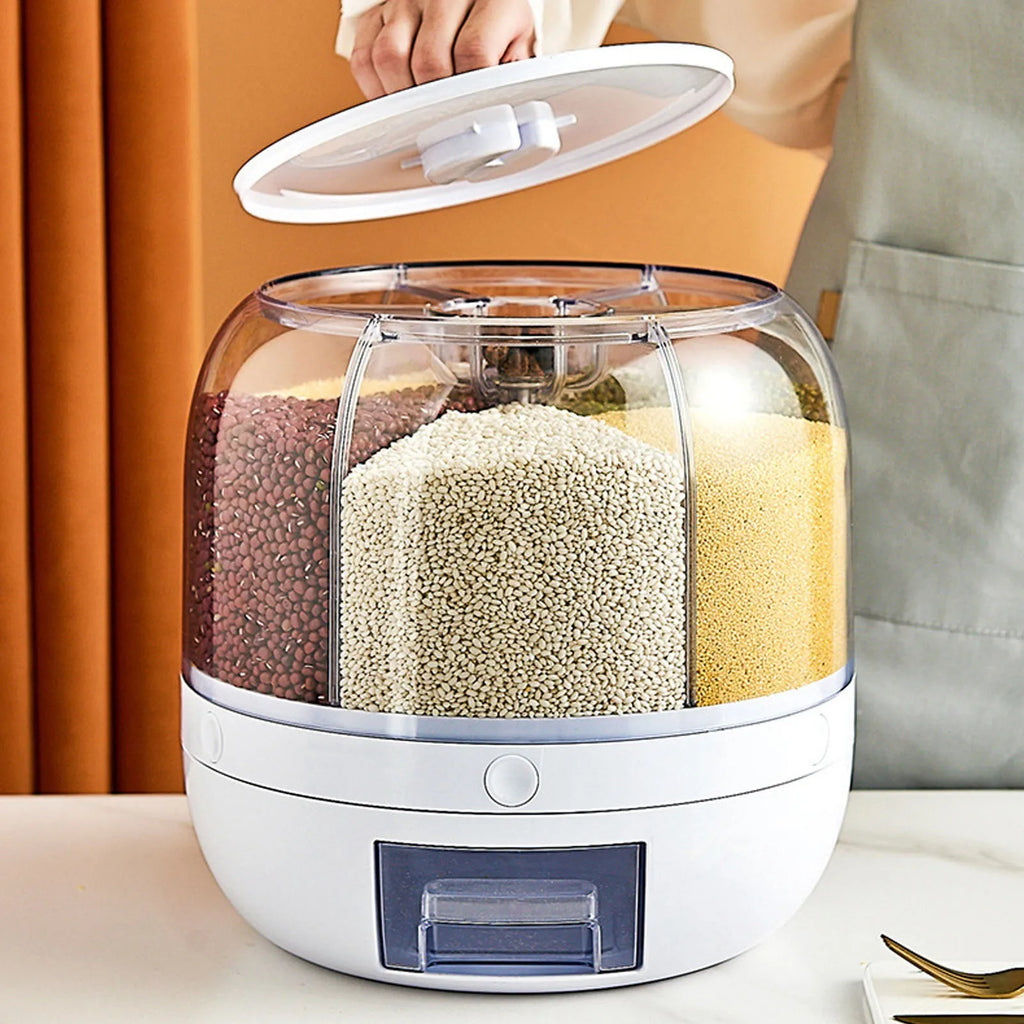 6-Grid Rotating Cereal & Grain Dispenser – Airtight Kitchen Storage Container