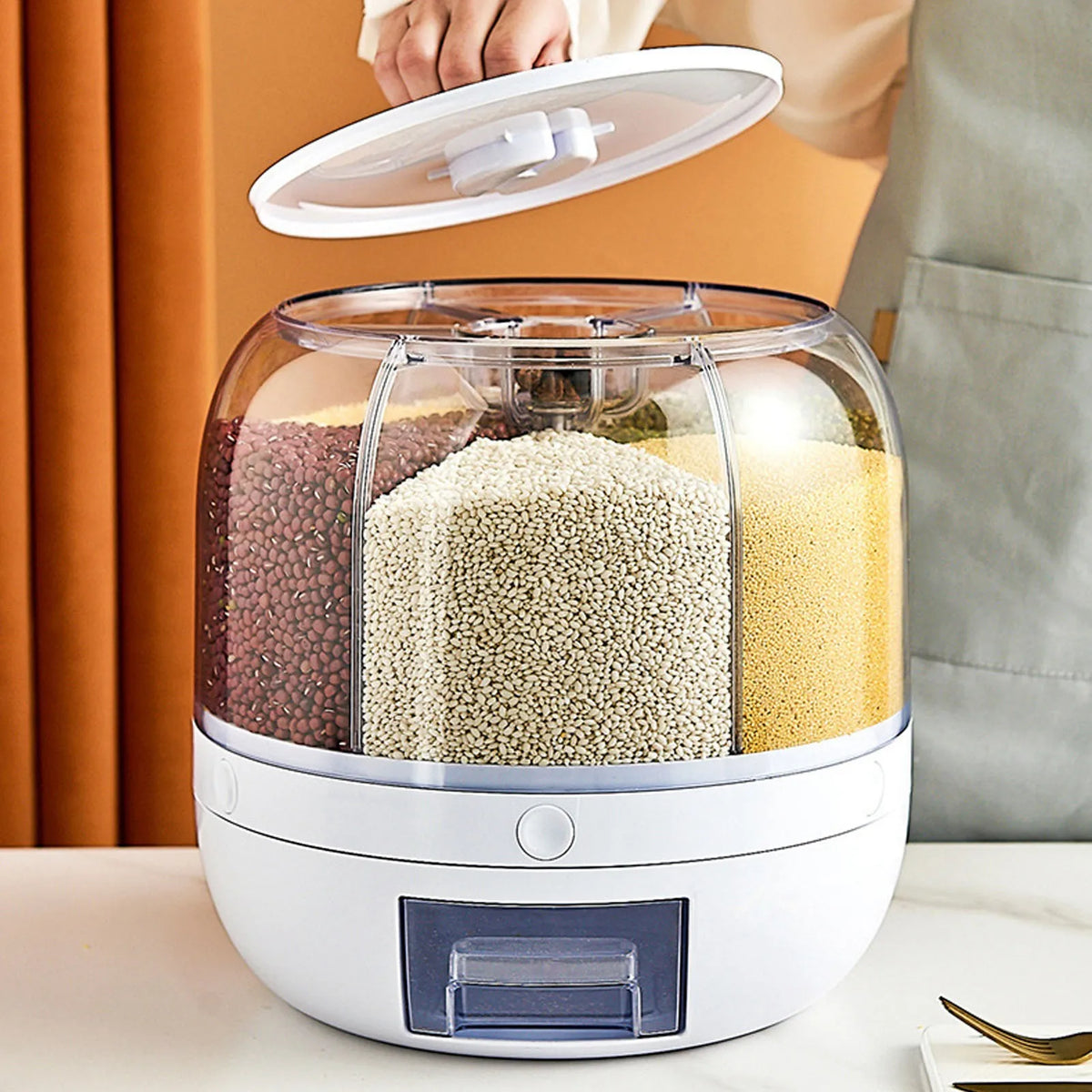 6-Grid Rotating Cereal & Grain Dispenser – Airtight Kitchen Storage Container
