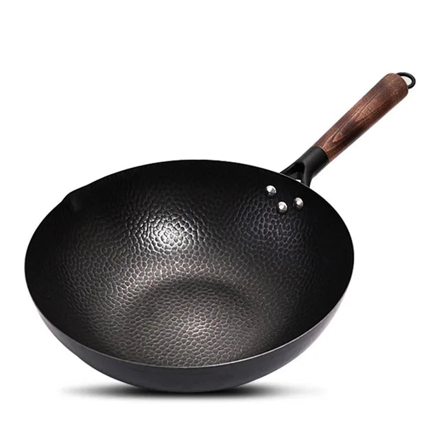 32cm Cast Iron Wok – Non-Coated, Gas & Induction Compatible | With or Without Wooden Lid