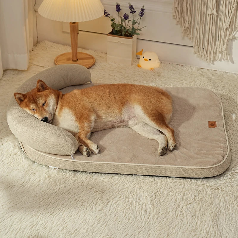 Sofa Dog Bed with Bolster Pillow – Soft Non-Slip Pet Bed for Small & Medium Dogs | Grey, Wood & Yellow