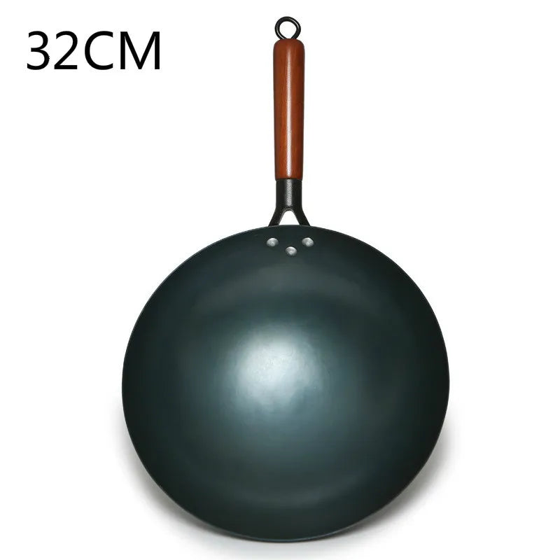 Handmade Chinese Cast Iron Wok | Non-Stick | Wooden Handle | 30–36cm
