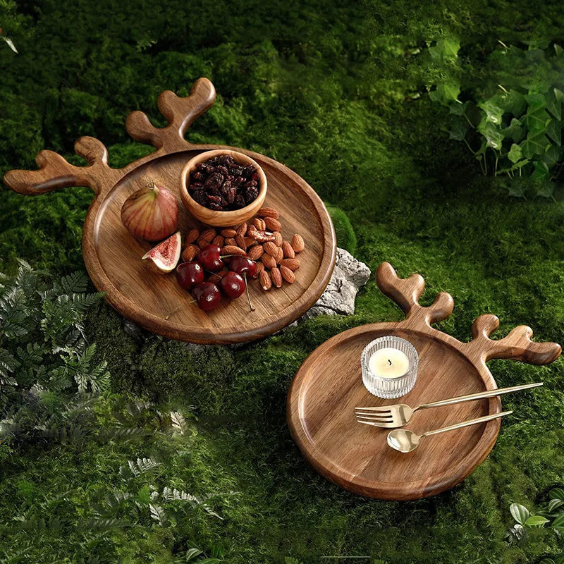 Reindeer Antler Wooden Serving Tray - Acacia Wood Cheese & Fruit Board