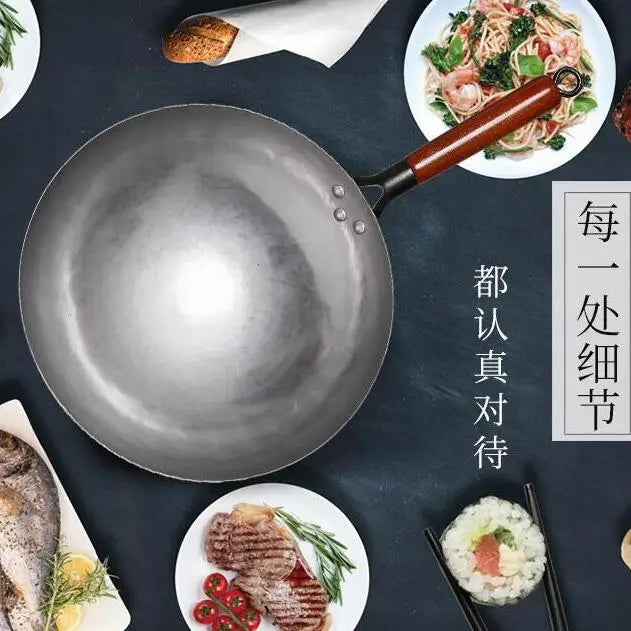 Handmade Chinese Cast Iron Wok | Non-Stick | Wooden Handle | 30–36cm