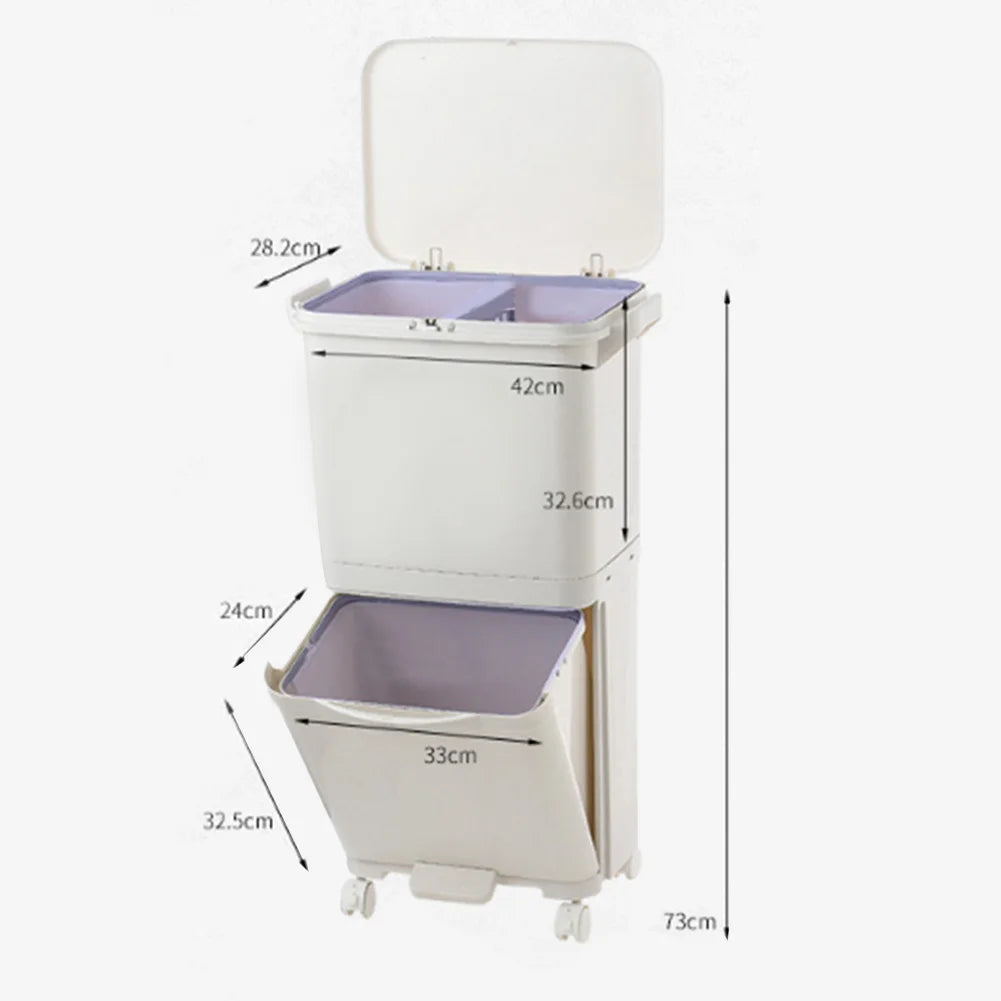 38L Double Compartment Wheeled Bin | 2-Tier Wet & Dry Waste Separation | 4 Casters | Kitchen & Home | White