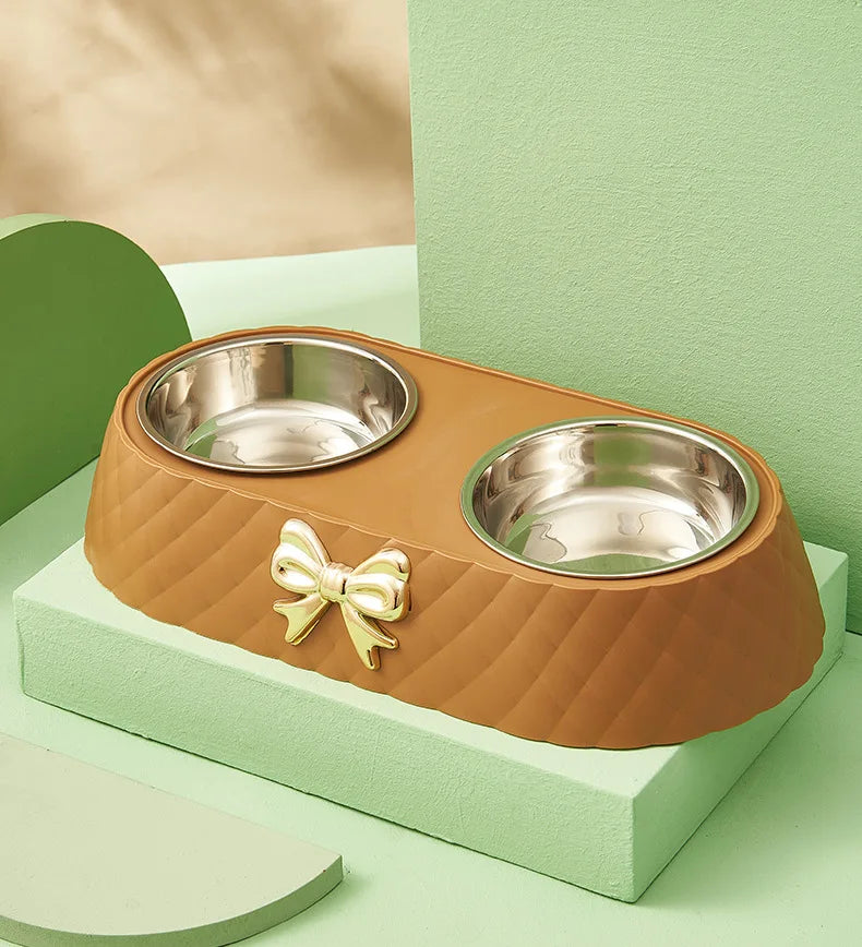 Double Pet Bowl with Bow-Tie Stand | Stainless Steel & PP Base | Cats & Dogs | 3 Colours