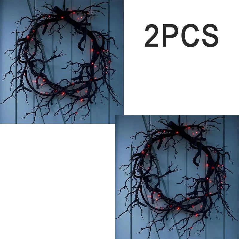 Halloween Wreath with LED Lights – Black Branch Garland for Front Door & Home Decor