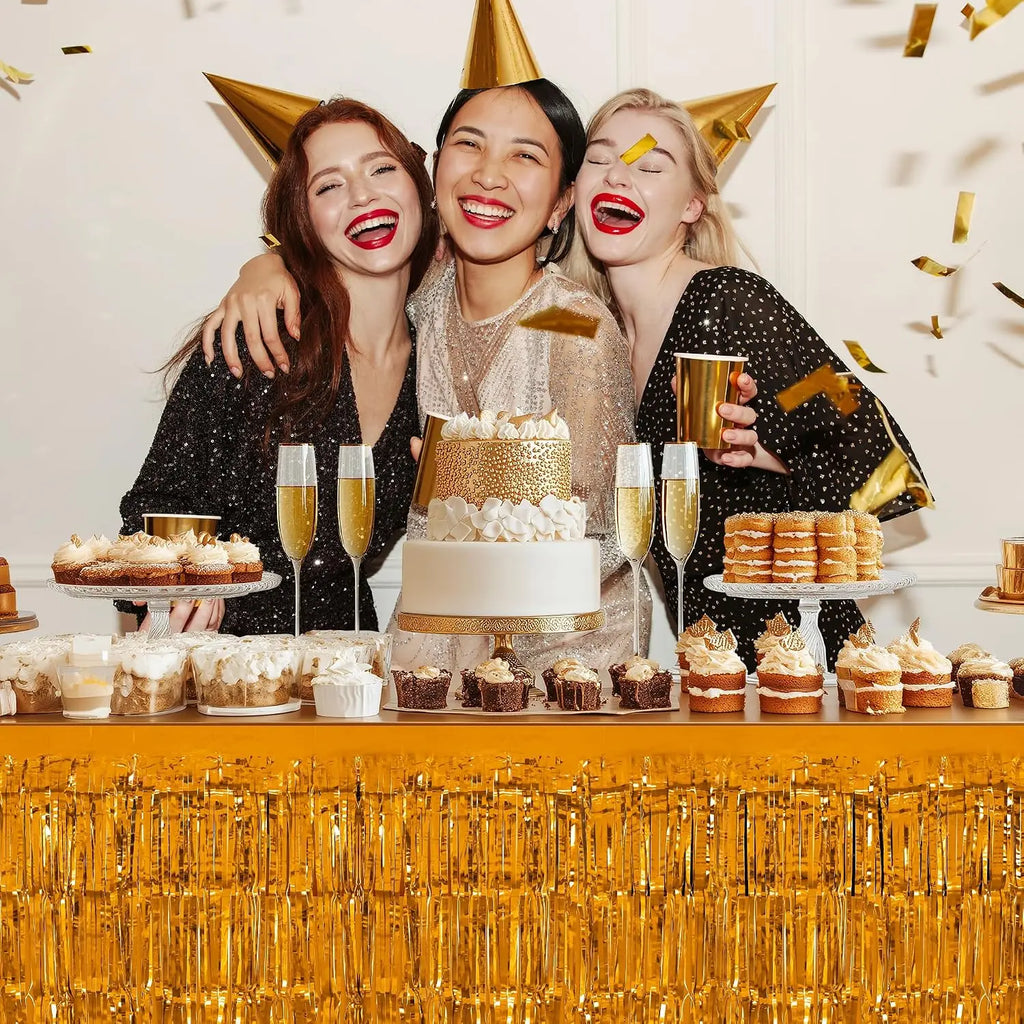 Metallic Foil Tinsel Fringe Table Skirt – 2-Pack, Party Decor