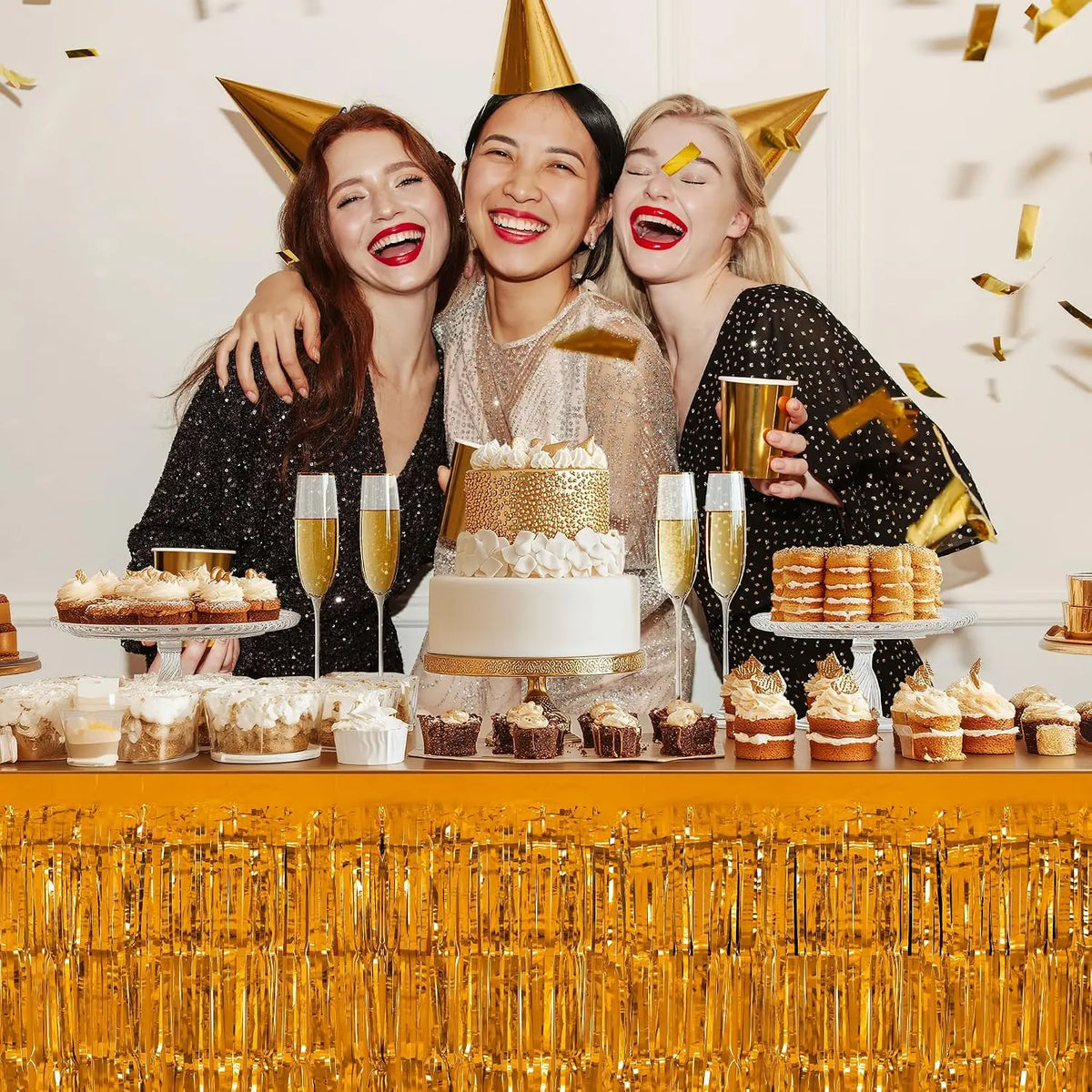 Metallic Foil Tinsel Fringe Table Skirt – 2-Pack, Party Decor