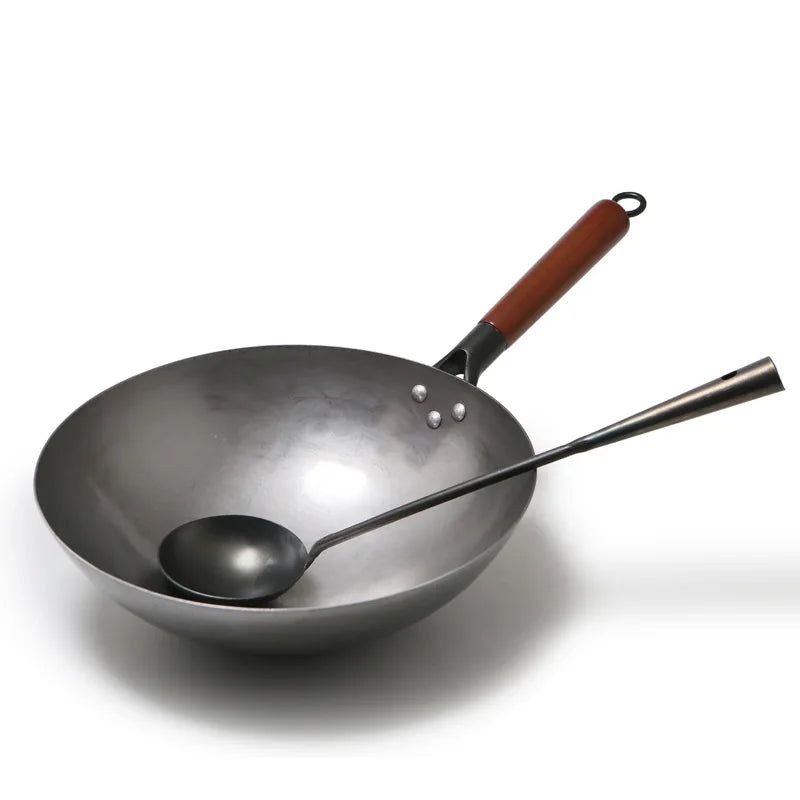 Handmade Chinese Cast Iron Wok | Non-Stick | Wooden Handle | 30–36cm