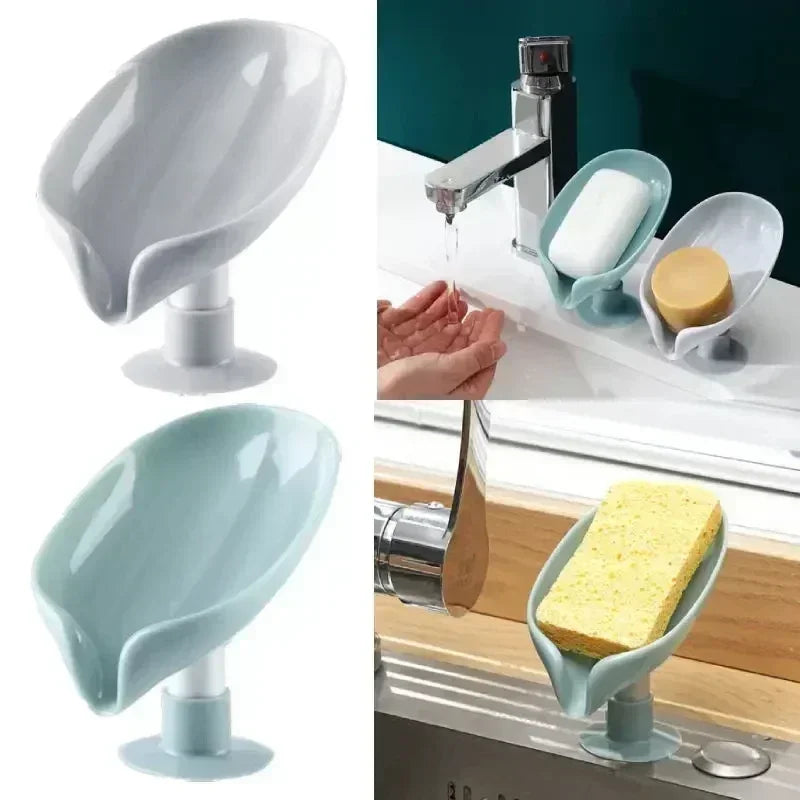 Leaf Shape Soap Dish with Suction Cup & Drainage | Anti-Slip Soap Holder for Bathroom & Kitchen | Green or Grey