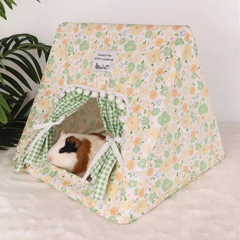 Small Pet Tent Hideout House | Floral Cotton Sleeping Tent for Rabbits, Guinea Pigs & Hamsters | 36x36x30cm