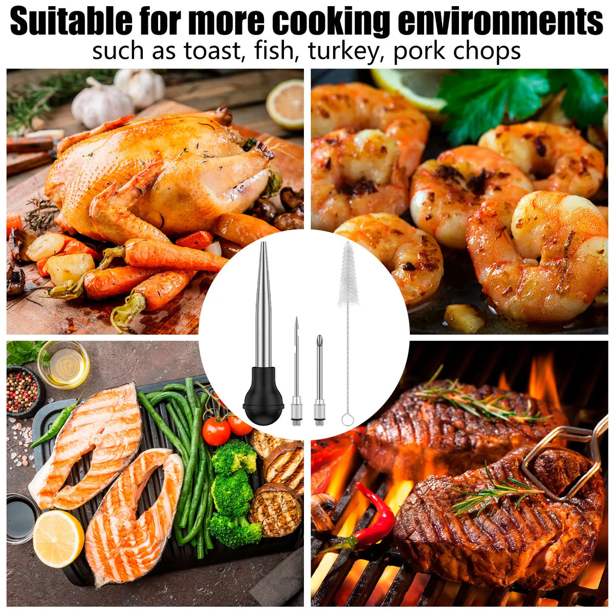Stainless Steel Turkey Baster & Marinade Injector Set with Cleaning Brush