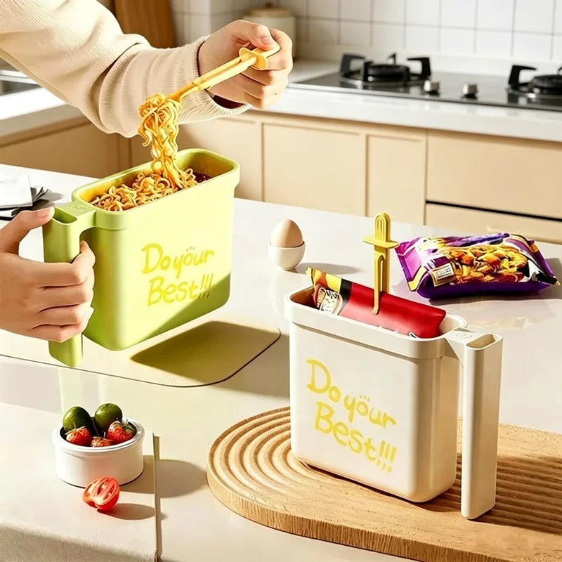 No-Wash Instant Noodle Bowl with Fork | Large Capacity | Heat-Resistant | Green & Beige