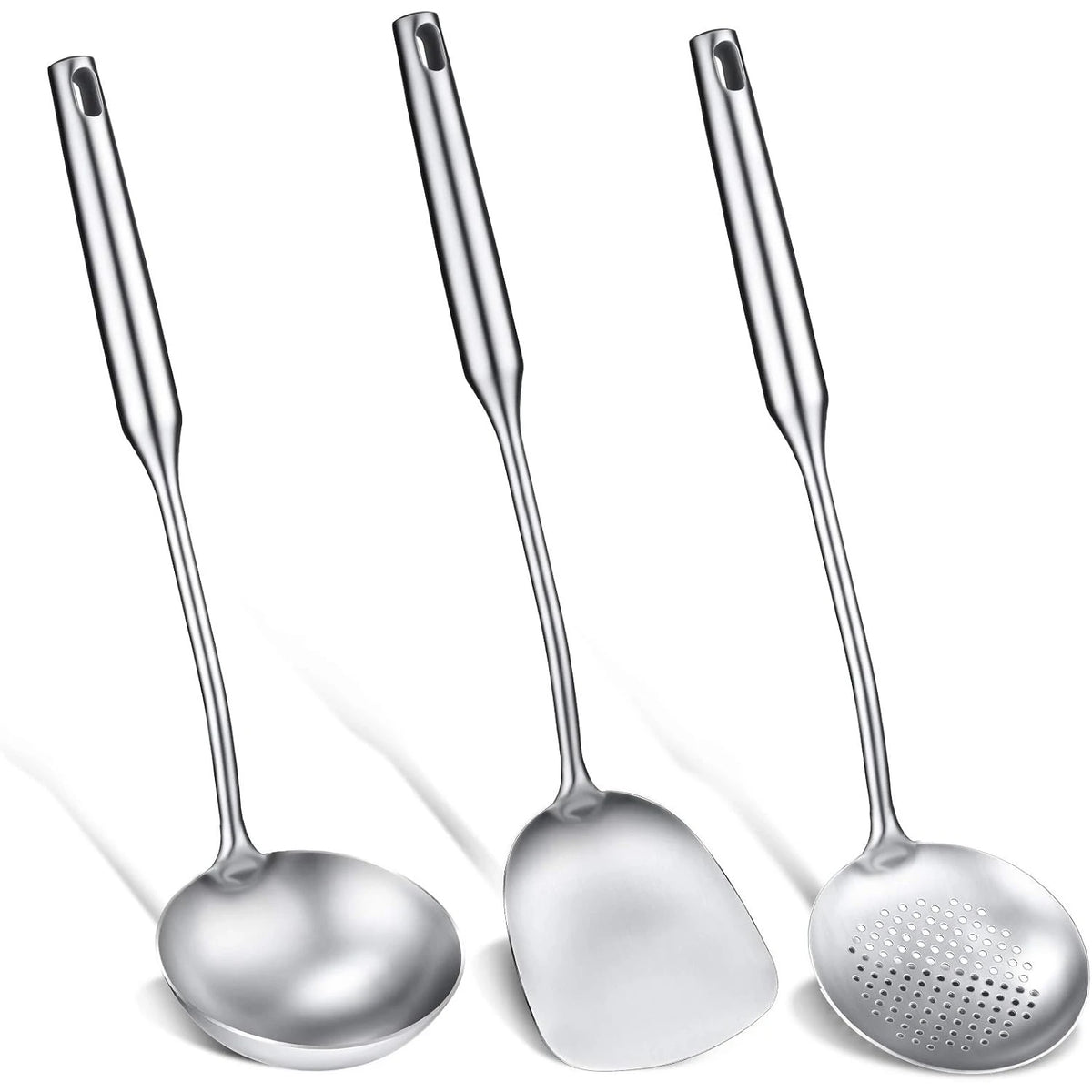 Stainless Steel Wok Utensil Set | Spatula, Ladle & Slotted Spoon | 15" All-Metal