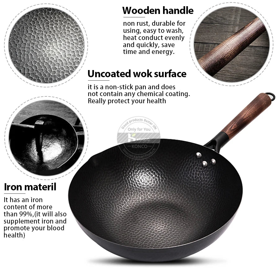 32cm Cast Iron Wok – Non-Coated, Gas & Induction Compatible | With or Without Wooden Lid
