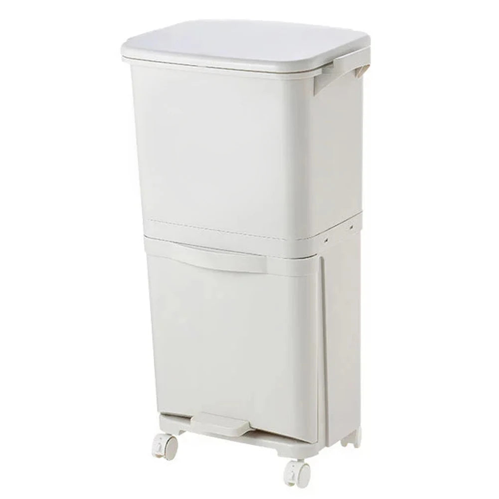 38L Double Compartment Wheeled Bin | 2-Tier Wet & Dry Waste Separation | 4 Casters | Kitchen & Home | White