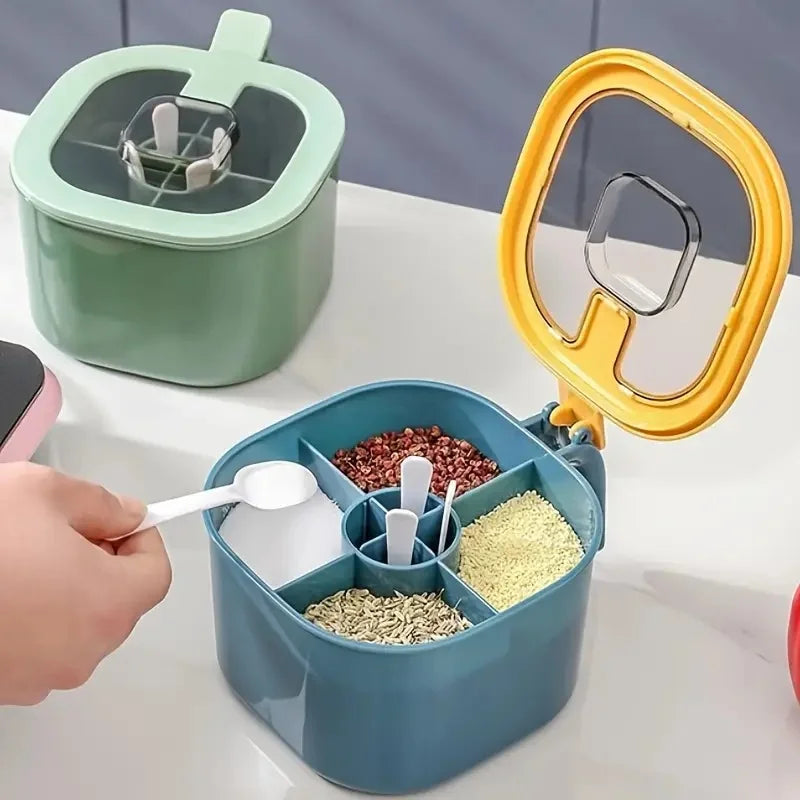 4-in-1 Seasoning Box with Lid & Spoons | Large Capacity Salt & Spice Container | Yellow or Blue-Green
