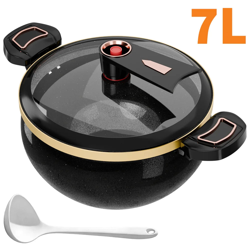 7L Micro-Pressure Soup Pot with Glass Lid & Spoon | Non-Stick Cast Iron Stew Pot | Gas & Induction Compatible