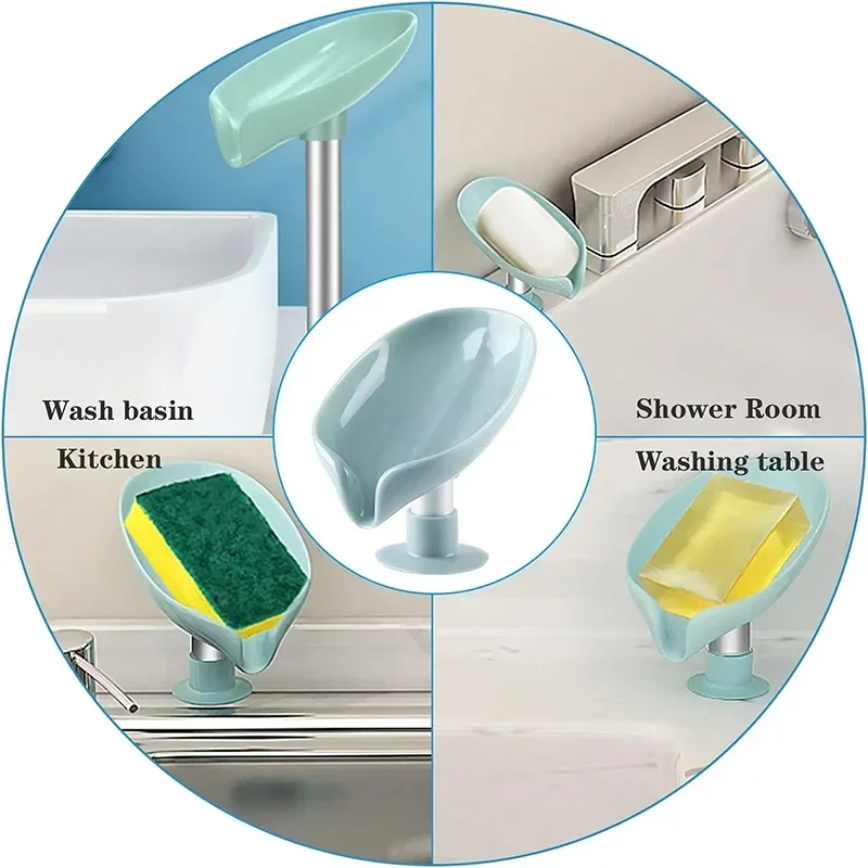 Leaf Shape Soap Dish with Suction Cup & Drainage | Anti-Slip Soap Holder for Bathroom & Kitchen | Green or Grey